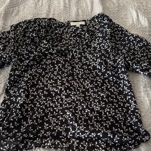 LOFT navy and White Leaf Print Blouse